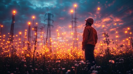 Engineer Looking at Power Lines and Lights in Field