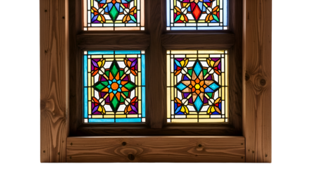 Stained Glass Window Displays Colorful Geometric Patterns in Wooden Frame Artistically