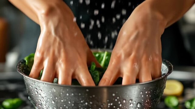 Washing spinach in a colander