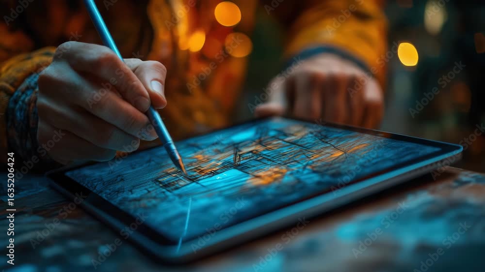 Poster digital innovation close-up: hand using stylus on tablet with blue abstract design interface
