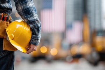 Construction worker holding his yellow safety helmet with blurred american flag and construction site in background