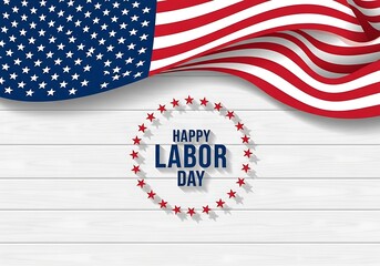 Obraz premium Waving american flag and festive happy labor day emblem on a rustic white wooden surface