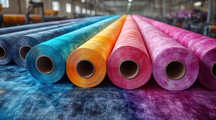 Rolls of Colored Fabric in a Factory