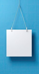Blank white sign hanging blue wall,  mockup
