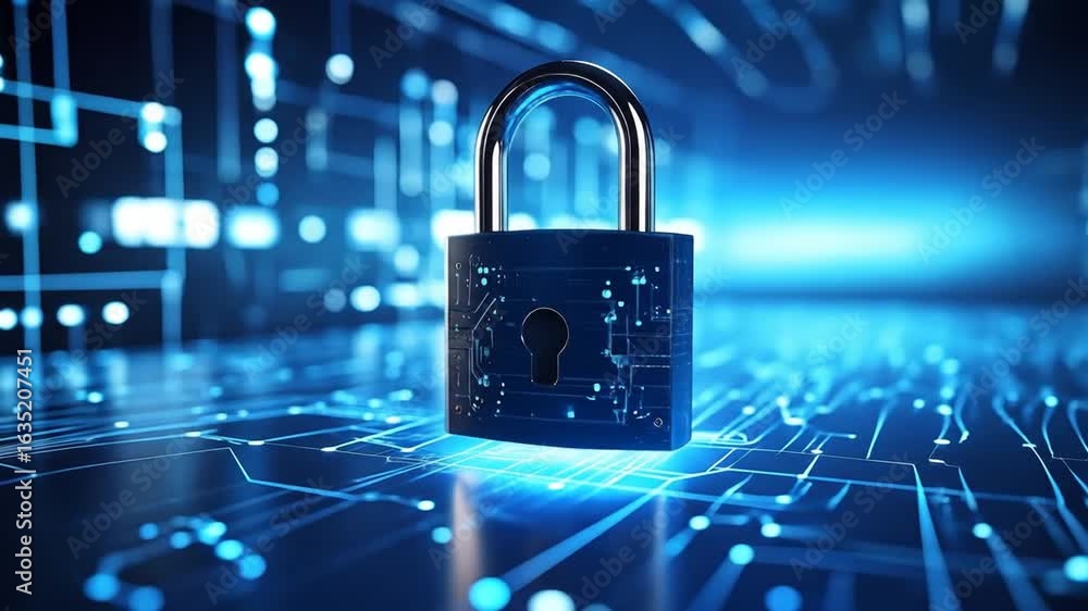 Poster digital security glowing padlock over circuit board background with data protection concept.