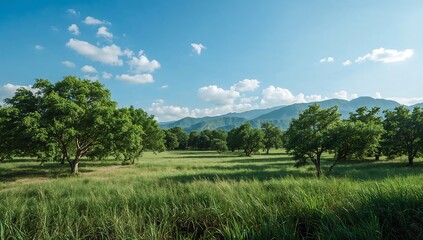 Photo of scenic view of a vibrant orange tree plantation under a clear blue sky in the countryside
