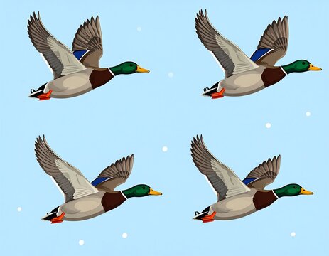 Four ducks in flight against a light blue sky