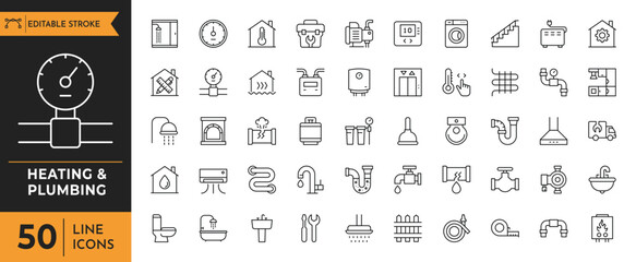 Heating & Plumbing line editable icon set. Containing  pipe, plumber, faucet, radiator, boiler, service, boiler,  valve, and more. editable stroke. Vector illustration