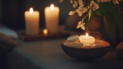 Serene Spa Setting: Candlelight and Blossoms