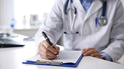Fototapeta premium Doctor writing on a clipboard in a medical office setting healthcare professional at work paperwork and medical records