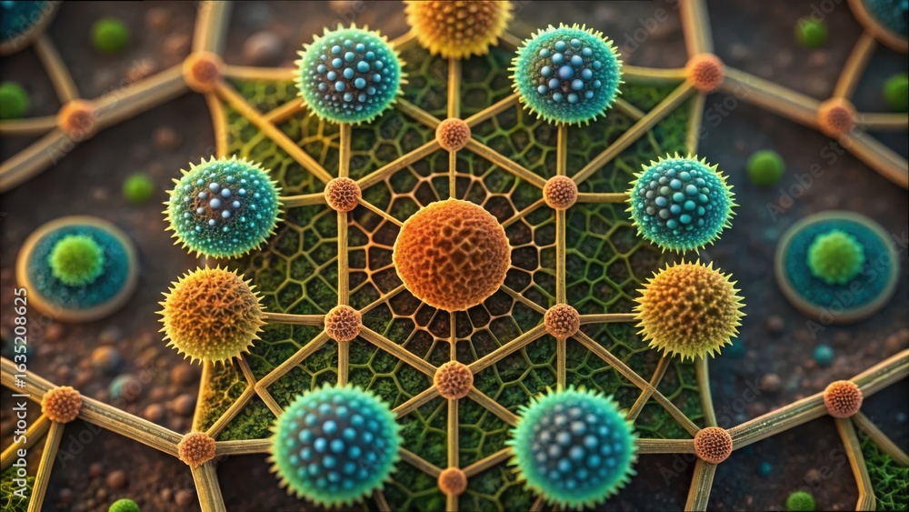 Poster colorful microbial colonies on soil grid displaying natural patterns