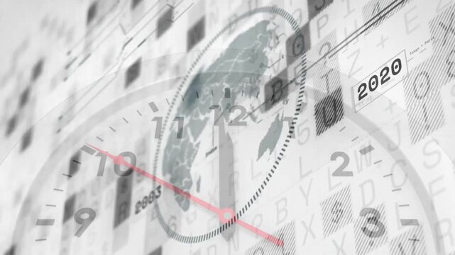 Rotating second hand updating year labels, rotating globe, scrolling matrix illustrating trends