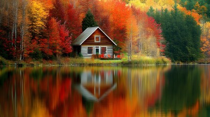 Autumn cabin lakeside fall foliage reflection