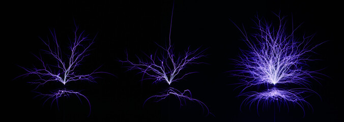 set of bright electric lightning emanates from electric coils in the dark. Electrostatic Discharge...
