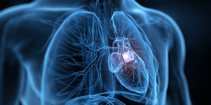 Digital illustration of human chest with semi transparent view showing glowing pacemaker inside heart, highlighting medical technology