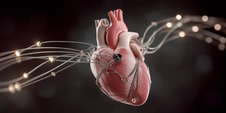 Detailed 3D illustration of human heart connected to pacemaker with wires, showcasing intricate design and technology involved in cardiac health solutions