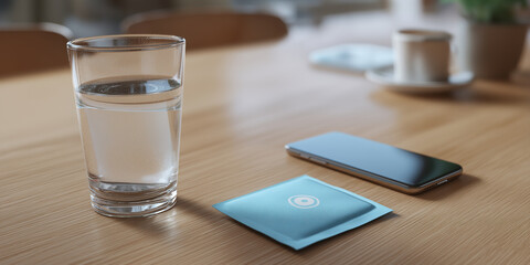 Glass of water sits on wooden table next to smartphone and blue packet, with blurred background of coffee cup. scene conveys sense of calm and readiness