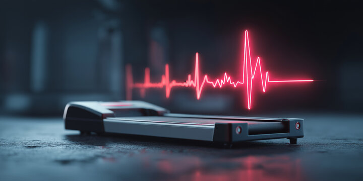 Treadmill with glowing red heartbeat line above it symbolizes fitness and health monitoring in modern gym setting. dark background enhances vibrant pulse line, creating futuristic feel