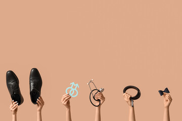 Female hands with symbols of man, stethoscope and accessories on beige background. Prostate Cancer...