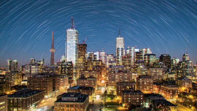 Cityscape under astral arcs Torontos urban celestial tapestry