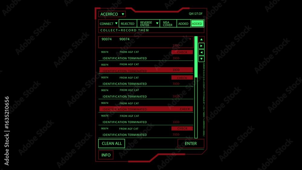 Poster a digital interface, with red and green text, displays a list of identification terminated messages