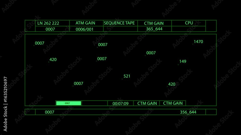 Poster a green digital interface displays numbers on a black background. the numbers are likely part of a s