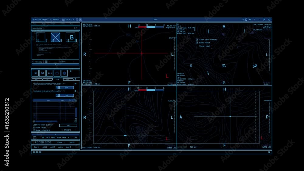 Poster a computer screen displays radar data with several panels showing target information, including alti