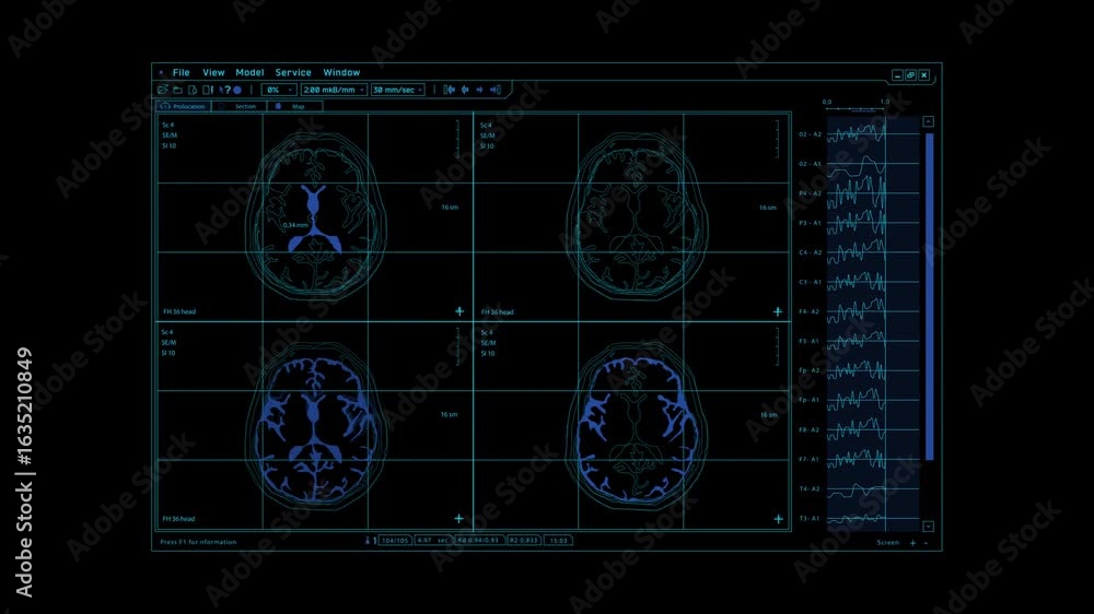 Poster a medical monitor displays images of brain scans and an electroencephalogram reading. the images sho