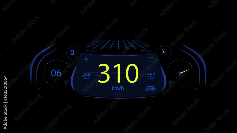 Poster a car's dashboard with a digital speedometer displaying 25 km/h. the screen is dark blue with yellow
