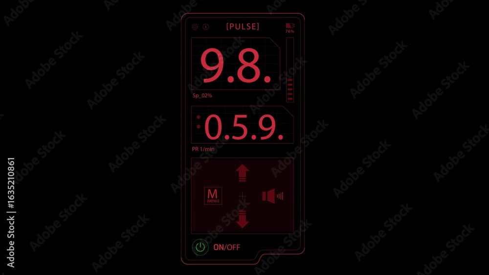 Poster a digital display shows the numbers 9.8 and 0.59. below the numbers is an on/off button