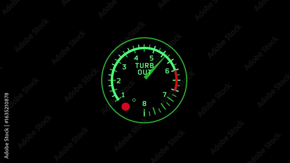 Poster a green illuminated turbine output gauge with a needle pointing at 5. the gauge is labeled turb out 