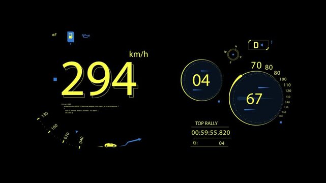 The video shows a car dashboard displaying a speed of 257 km/h and a RPM of 50. Other information displayed includes the race time, gear, and fuel level