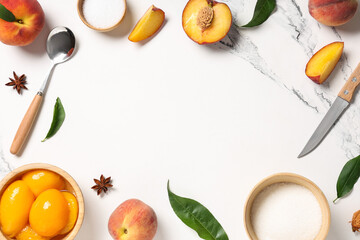 Frame made of tasty canned peaches, fresh fruits, sugar and cutlery on light background