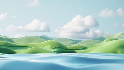 Obraz premium Serene hills, calm lake, summer sky, idyllic scene, nature background