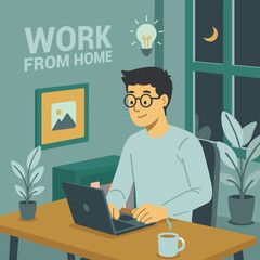 a man is typing on his laptop at home at night