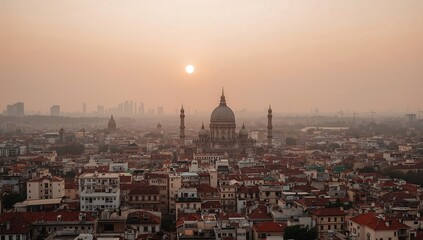 Fototapeta premium Photo of aerial view of venice italy at sunrise with the sun shining over the cityscape and historic buildings in the distance