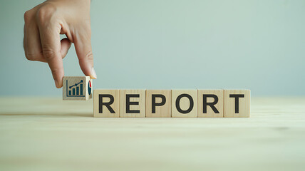 Hand placing a wooden block with a rising graph onto the word report symbolizing business growth and financial analysis
