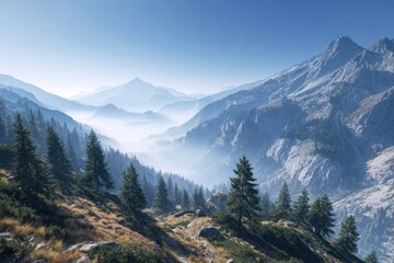 Fototapeta premium Mountain valley sunrise, misty landscape, scenic hiking trail, tranquil nature, travel poster