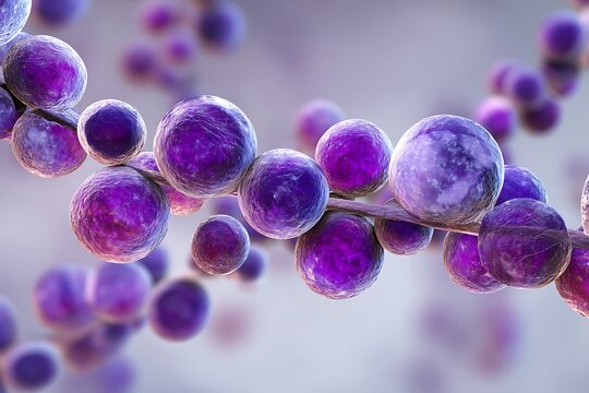 Microscopic view of Streptococcus bacteria forming a chain pattern. The cocci appear in a purple hue from typical gram staining.