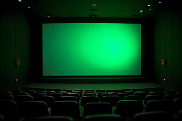 Fototapeta premium Empty Theater with Green Screen Ready for Presentation or Film Screening