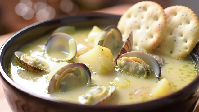 Creamy Clam Chowder Bowl, Crackers, Table Setting