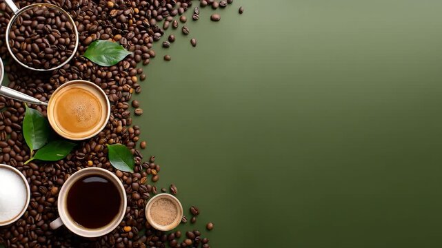 Elegant coffee bean background with cups of coffee and green leaf arrangement for commercial use