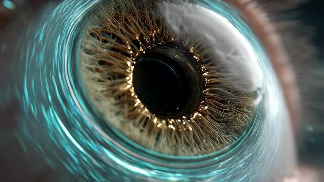 Medical infographic style footage showing dynamic teal rings cinching the eyeball representing elevated intraocular pressure forces.