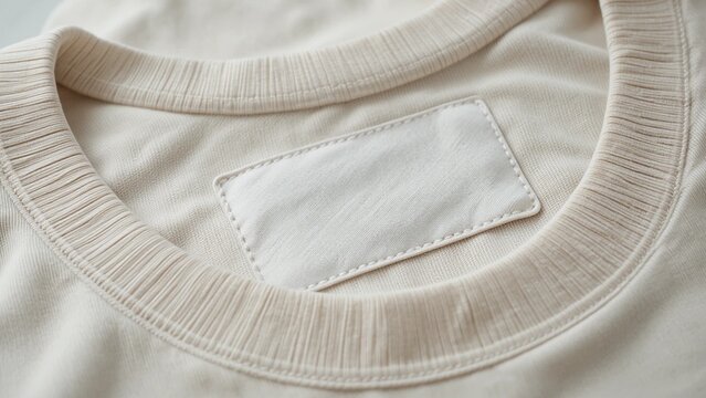 Close-up of a cream-colored sweatshirt with a blank label on the collar