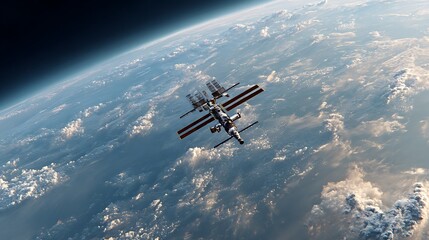 Fototapeta premium Space Station Orbiting Earth with Cloudscape View From Above