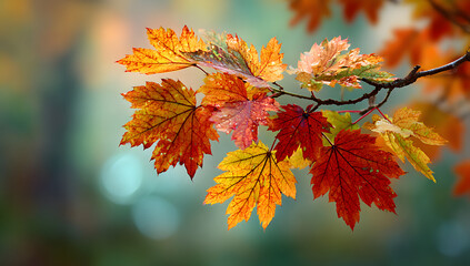 Colorful autumn leaves on tree branch with blurred background and copyspace for natural seasonal themes or promotions.