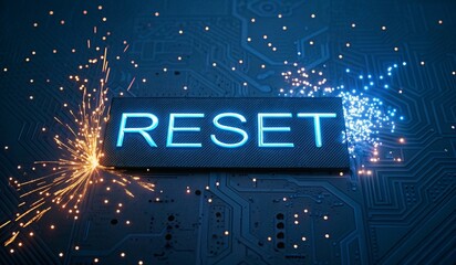 Futuristic digital interface featuring the word RESET highlighted in glowing orange and blue neon lights. The background is composed of intricate circuitry and technological elements, creating a high-