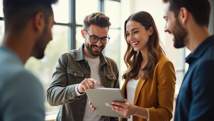 Group of young professionals collaborating looking at a tablet and smiling in a bright office space