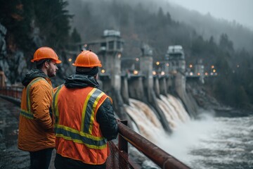 Two engineers monitor a dam's strong water flow during a foggy, overcast day. It shows infrastructure project supervision, inspection, and the power of nature.