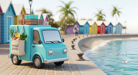 Naklejka premium Delivery van carrying essential goods at a seaside town with colorful huts.